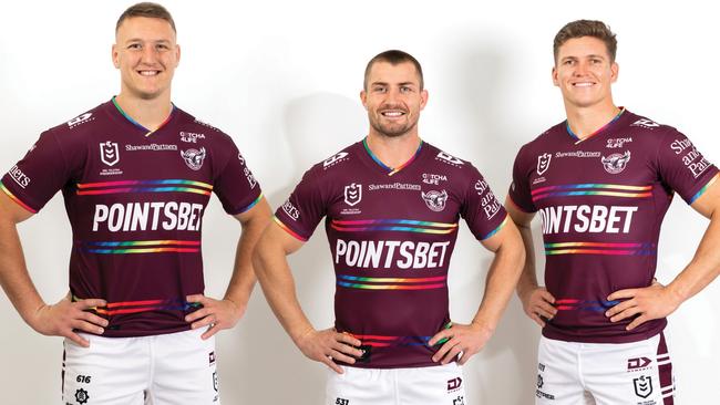 Manly's Sean Keppie, Kieran Foran and Reuben Garrick in the Sea Eagle's Pride jersey. Picture: Manly Digital