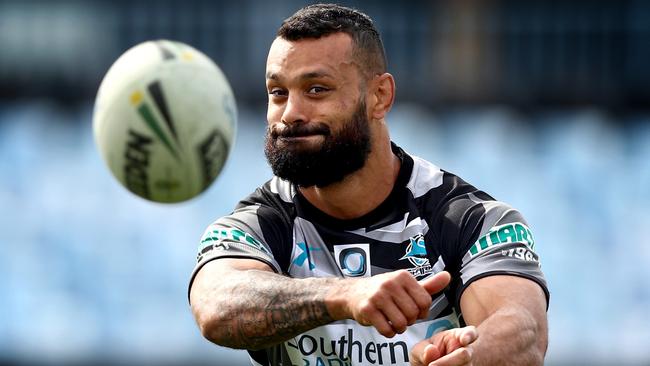 Jayson Bukuya passes during the Cronulla Sharks training at Southern Cross Group Stadium , Cronulla . Picture : Gregg Porteous