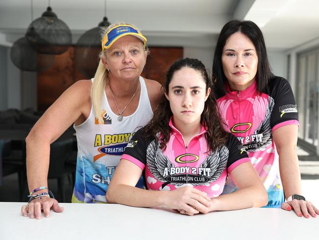 Triathlon coach Jenny Barwick (left), triathlete Zoe Wogan, 17, and mum Jacqueline Wogan. Picture: Glenn Hampson