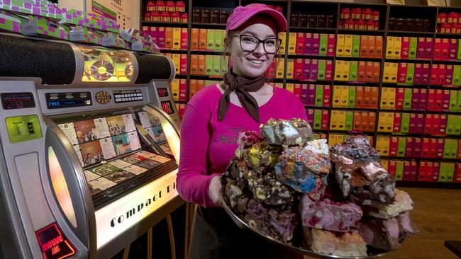 Yarra Valley Chocolaterie’s Melanie Brown with its jukebox and Rocky Road bars.