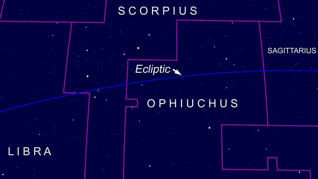 A chart of the sky in the direction of several constellations, including Ophiuchus and Scorpius. Picture: Martin George