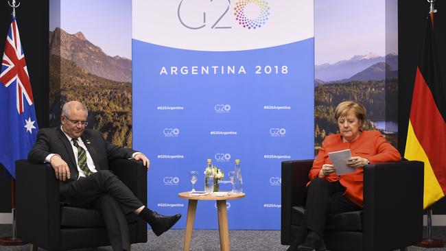 Chancellor of Germany Angela Merkel meeting with Prime Minister Scott Morrison at the G20 summit in Buenos Aires, Argentina. Picture: AAP Image/Lukas Coch