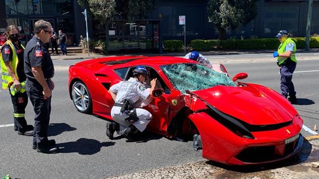 A Ferrari was severely damaged after a single vehicle crash on the Princes Hwy at St Peters on November 15 2021. Picture: First Choice Towing