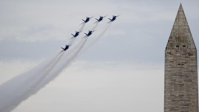 US Navy Blue Angels flyover at the Washington Monument. Picture: AP.