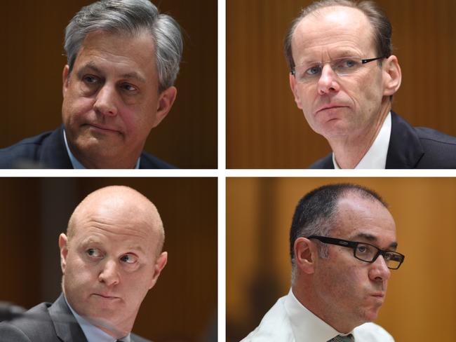 Westpac CEO Brian Hartzer, ANZ CEO Shayne Elliott, Commonwealth Bank CEO Ian Narev and NAB CEO Andrew Thorburn speaking during an Economics Committee hearing at Parliament House in March Picture: Lukas Coch