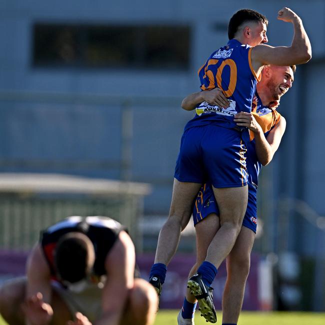 Deer Park’s Lucas Nikoloski and Simon Nahyna celebrate during the EDFL Division 1 Grand Final. Picture: Andy Brownbill