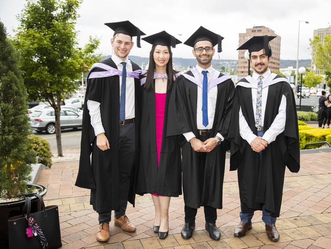 Damon Jones, Helen Han, Hannah Kashkari and Tristan Eskenderi. UTAS graduations. School of College of Health and Medicine Graduate Research. Picture: RICHARD JUPE