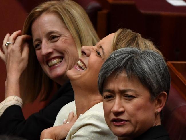 Senator Katy Gallagher (left) Senator Kristina Keneally and Senator Penny Wong are seen prior to the Incoming Governor-General of the Commonwealth of Australia David Hurley's swearing in ceremony in the Senate at Australian Parliament House, in Canberra, Monday,  July 1, 2019. Mr Hurley was sworn in as Australia's 27th Governor-General today. (AAP Image/Sam Mooy) NO ARCHIVING