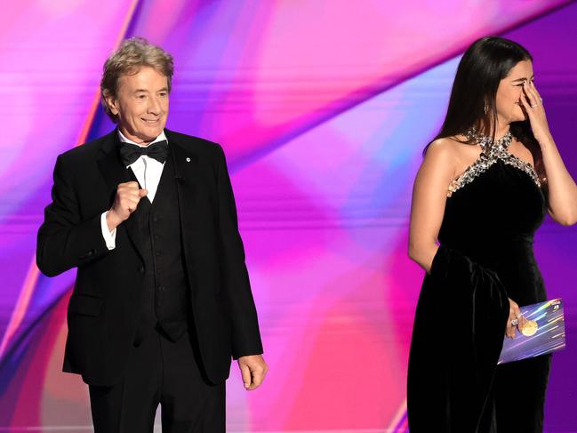 LOS ANGELES, CALIFORNIA - SEPTEMBER 15: (L-R) Martin Short and Selena Gomez speak onstage during the 76th Primetime Emmy Awards at Peacock Theater on September 15, 2024 in Los Angeles, California.  (Photo by Kevin Winter/Getty Images)