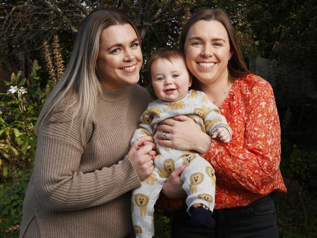 Zoe (right) says she is so grateful to have had her twin sister Hannah by her side for the births of Lewis and Ellis. Picture: Nikki Davis-Jones