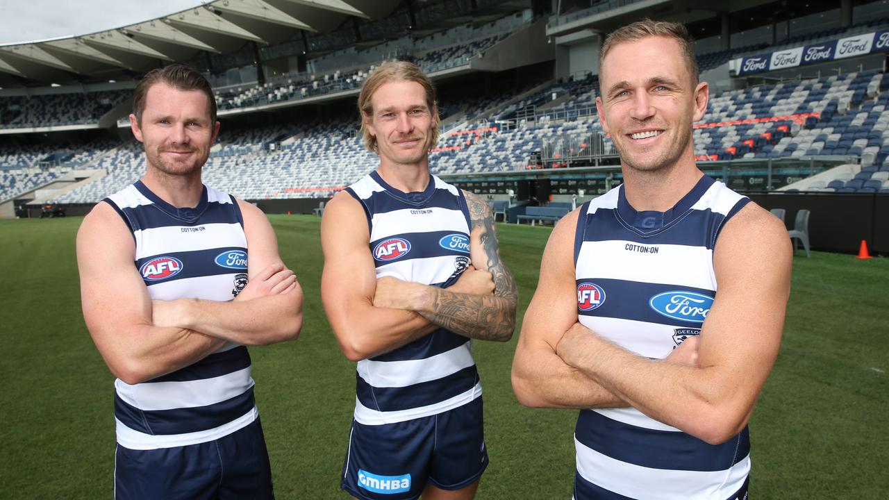 Cats Patrick Dangerfield, Tom Stewart and Joel Selwood. Picture: Alan Barber