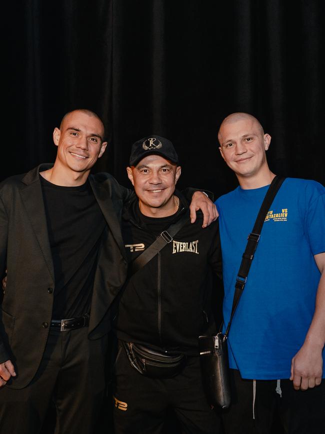 Tim, Kostya and Nikita Tszyu reunited in the United States. Picture: Johnny Garcia