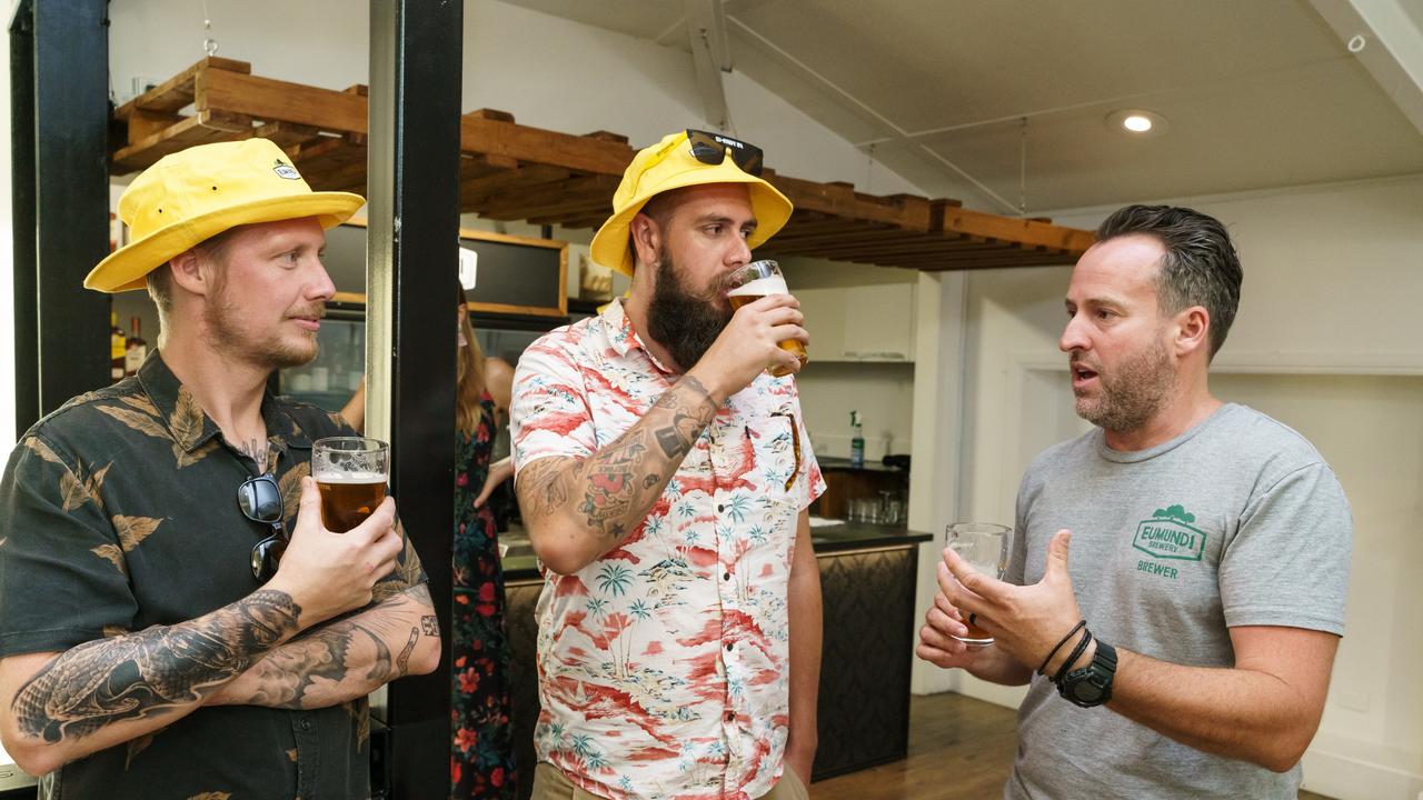 Lewis Bunn, Ryan Atwill and head brewer from Eumundi Brewery Chris Sheehan. Picture: Alain Bouvier