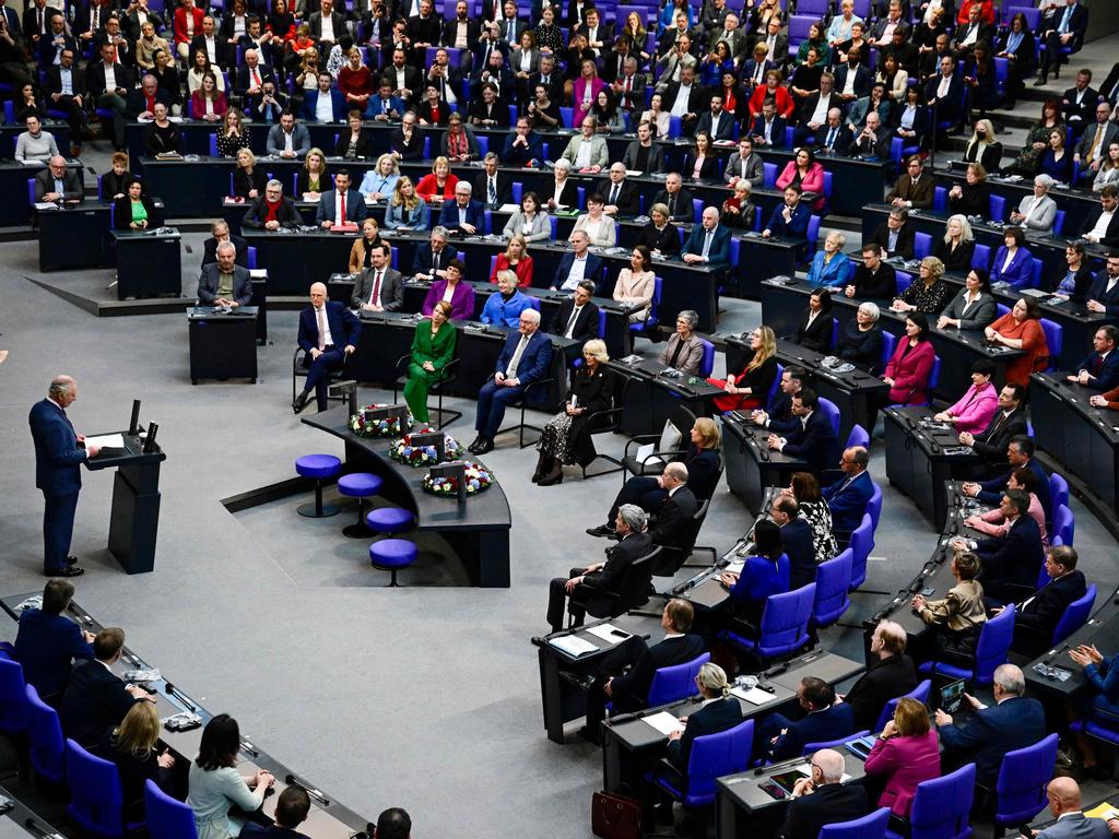 King Charles delivers a speech in front of members of parliament in Berlin. Picture: AFP