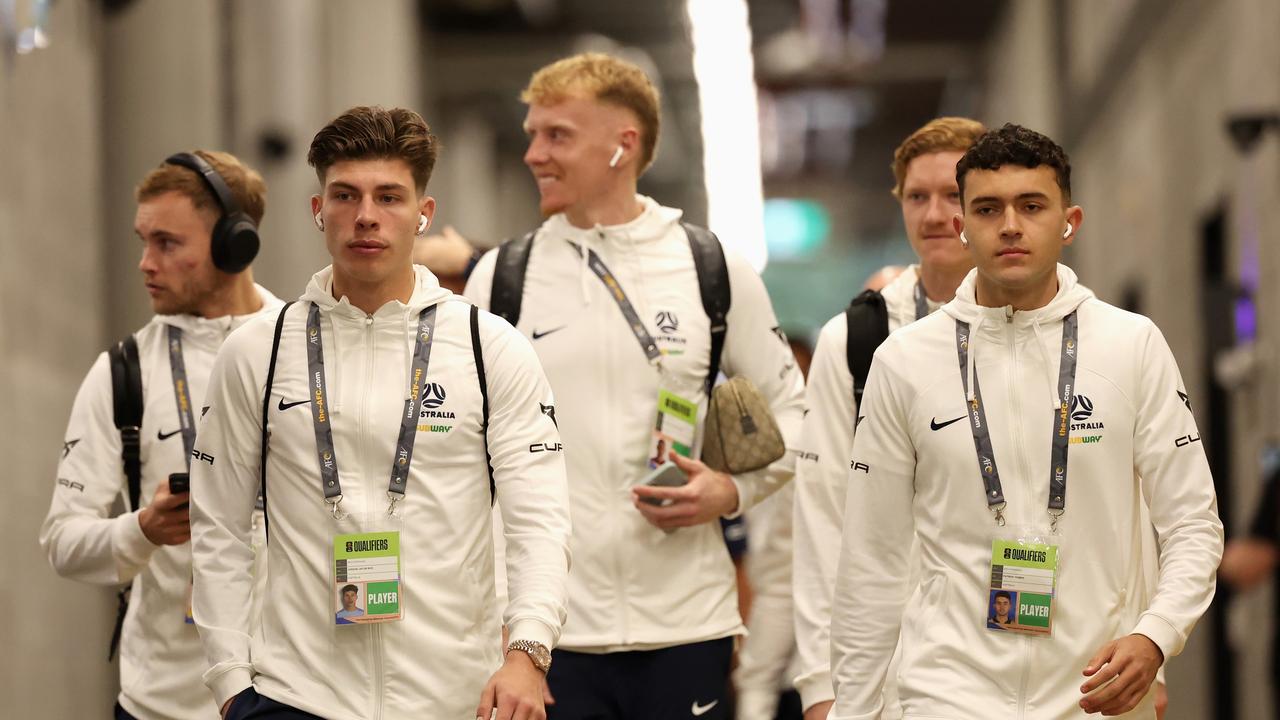 Patrick Yazbek (right) has settled in well with the Socceroos. Picture: Cameron Spencer/Getty Images