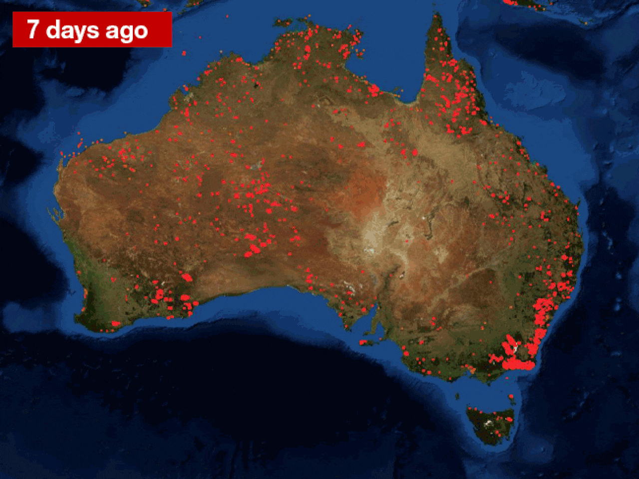 Fires timelapse from January 6. Source: NASA FIRMS