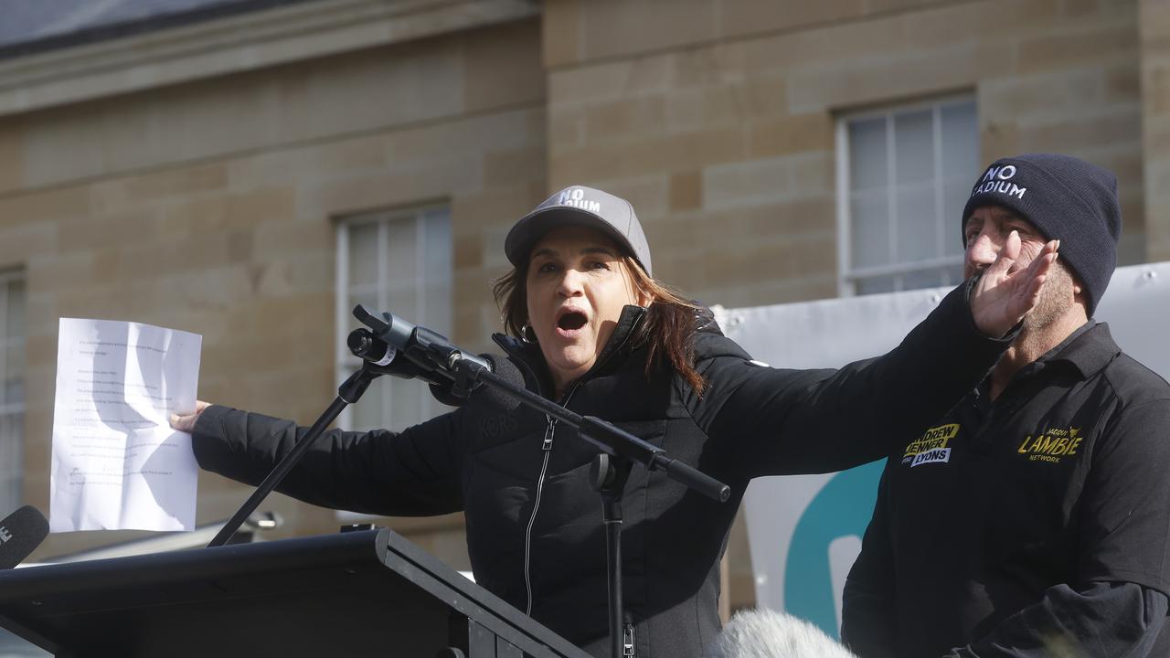 Senator Jacqui Lambie. No Stadium Rally in Hobart at parliament lawns. Picture: Nikki Davis-Jones