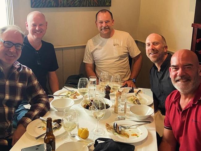 Triple M host Marty Sheargold enjoyed a long lunch with media folk Titus O’Reily, Tom Gleeson, Anthony Lehmann, Adam Rozenbachs. Picture: Instagram