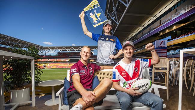 Manly Skipper Daly Cherry-Evans with footy fans Rohan Mewes 22, and William Rosewall 26 are ready for Magic Round on the Ampol Deck at Suncorp Stadium. Picture Lachie Millard