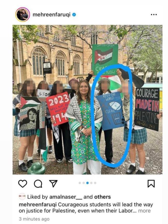 Greens senator Mehreen Faruqi from the Student Protest for Palestine. It shows her standing and smiling beside a sign depicting an Israeli flag tossed into a bin, with the words: ‘Keep the world clean’.