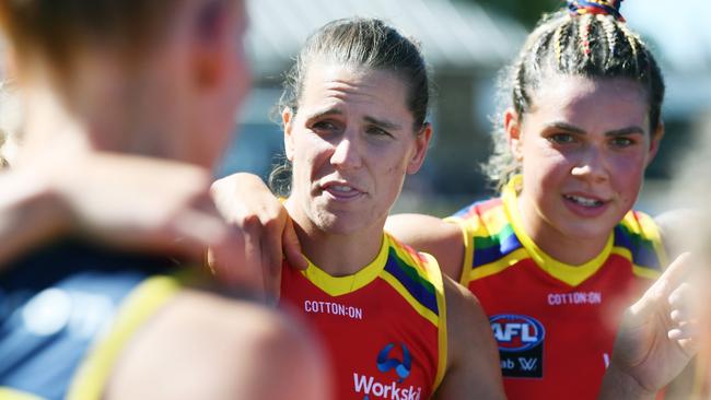 Crows skipper Chelsea Randall went off injured again in the second term against the Demons. Picture: Mark Brake/Getty Images