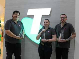 CLEAN SWEEP: Kingaroy Telstra Shop Manager Jason 'Wal' Koy along side his employees Natalie McCormick and Graeme Badrick. Picture: Laura Blackmore