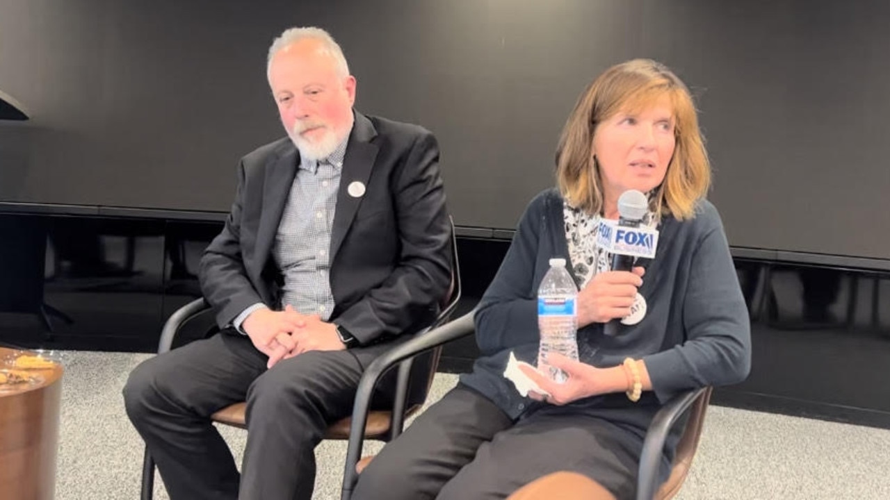 The parents of detained Wall Street Journal journalist Evan Gershkovich: his father Mikhail and mother Ella Milman speaking in Washington. Picture: Sophie Elsworth