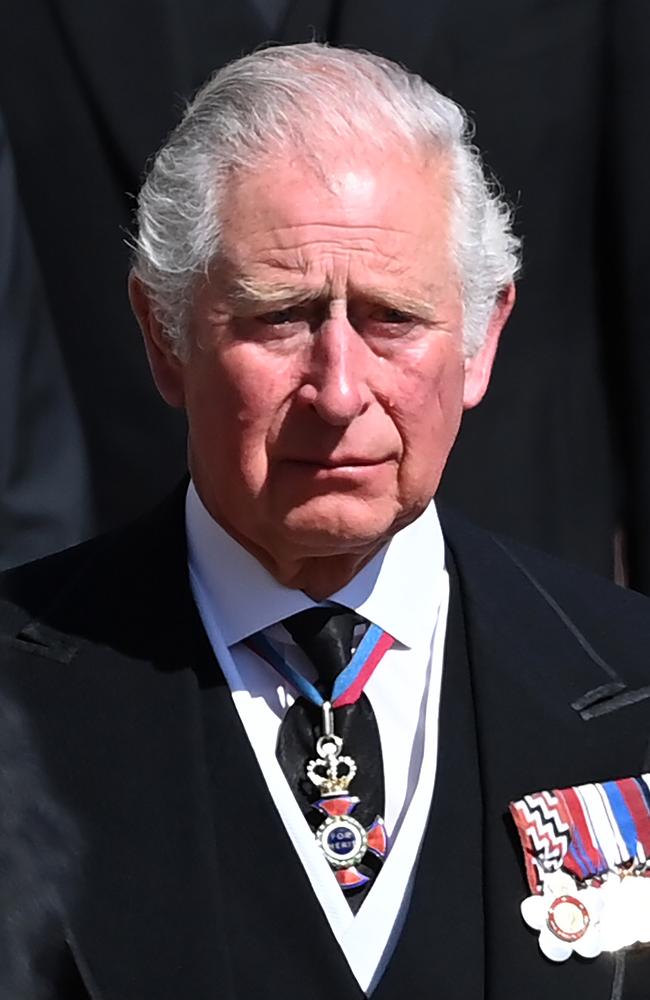 Prince Charles sheds a tear as he looks on to his father’s coffin. Picture: Leon Neal/WPA Pool/Getty Images