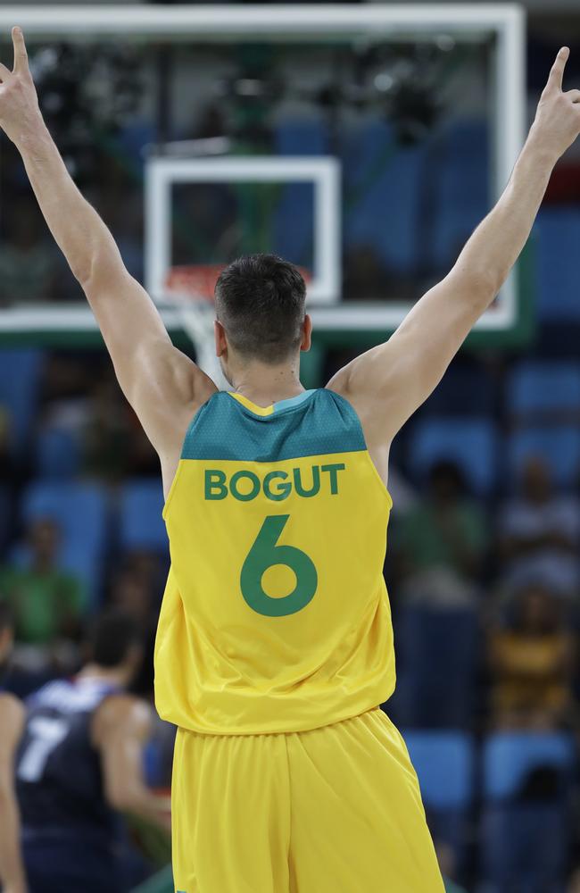 Australia's Andrew Bogut celebrates.