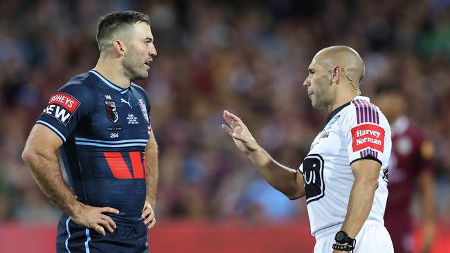 ADELAIDE, AUSTRALIA - MAY 31:  Referee Ashley Klein speaks to James Tedesco of the Blues during game one of the 2023 State of Origin series between the Queensland Maroons and New South Wales Blues at Adelaide Oval on May 31, 2023 in Adelaide, Australia. (Photo by Cameron Spencer/Getty Images)