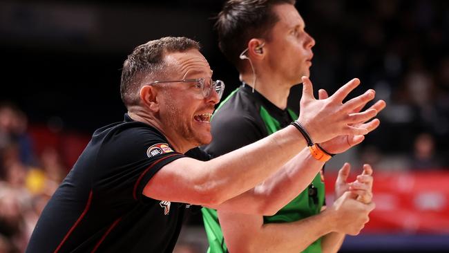 Hawks coach Jacob Jackomas shows his frustration as Illawarra stayed in touch with the Sydney Kings until the dying minutes. Picture: Getty Images