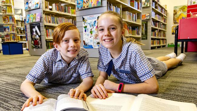 Chapel Hill State School students Charlotte and Thomas Butcher getting ready for back-to-school, Friday, May 15, 2020 – Picture: Richard Walker