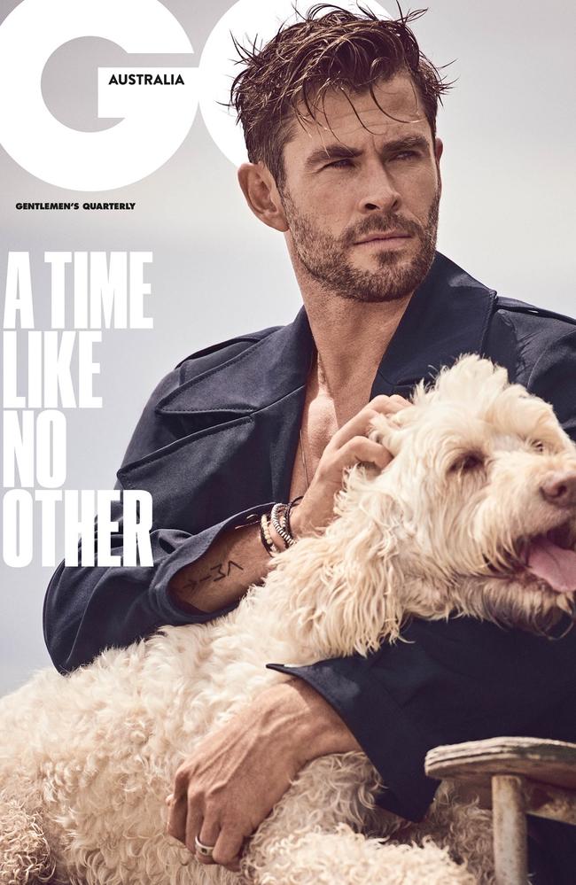 Chris Hemsworth and his beloved pooch Sunny on GQ Australia’s May June cover. GQ is on sale Monday 11 May. Picture: Matthew Brookes for GQ