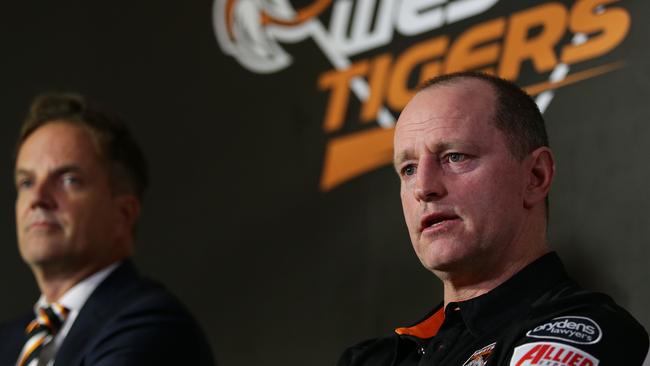 Michael Maguire with banned Wests Tigers CEO Justin Pascoe. Picture: Brett Costello