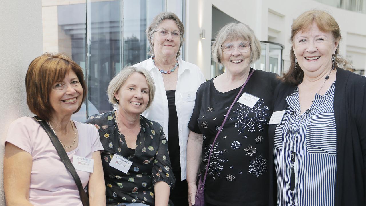 Marty Barclay, of Young, NSW, left, Vanessa Smith, of Devonport, Dianne Bee, of Albany, WA, Christine Calabria, of Mundrook, NSW, and Heather Baskerville, of Roleystone, WA, at the Grand Chancellor Hotel for the UTAS graduation ceremonies. Picture: MATHEW FARRELL