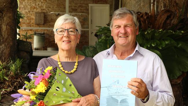 Islay Lee, pictured here with Carolyn Cameron at the launch of a rowing history book in Maclean, is a 15-time national champion.