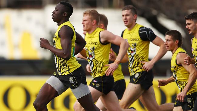 Richmond’s Mabior Chol leads the Tigers at training ahead of the Round 21 clash with the Blues.