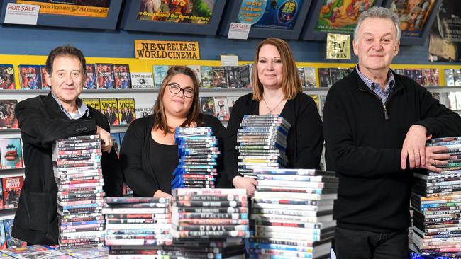 Network Video Sandringham’s Paul Spano, Danielle Mudrinic, Lyndal Scanlon and Bill Paras with some of the stock up for grabs. Picture: Penny Stephens