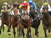 Jockey Hugh Bowman (centre) on Press Statement raises his whip as he leads the pack in the closing stages of the Dyldam Stan Fox Stakes race during the Golden Pendant Day at Rosehill race course in Sydney. Saturday, Sept. 26, 2015. (AAP Image/David Moir) NO ARCHIVING, EDITORIAL USE ONLY