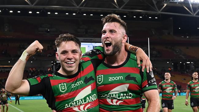 Blake Taaffe and Jacob Host celebrate after winning the NRL Preliminary Final.