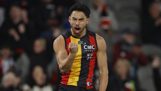 MELBOURNE , AUSTRALIA. May 18, 2024.  AFL round 10Ã  St Kilda vs Fremantle at Marvel Stadium .   Mitch Owens of the Saints celebrates a 1st quarter goal   . Pic: Michael Klein