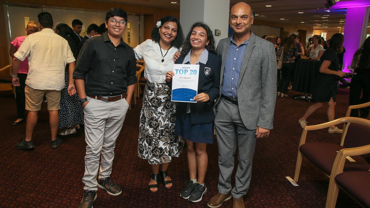 Sidharth , Avni ,Jolly and Paras Agarwal after the announcement of 2022 NTCET Top 20 Year 12 Students and 2022 Top Aboriginal Student at NT Parliament House. Picture: Glenn Campbell