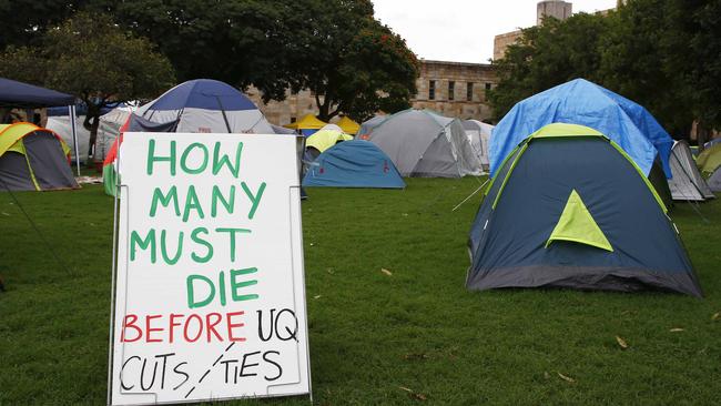 A pro-Palestinian poster pitched in the Great Court at the University of Queensland in Brisbane. Picture: NewsWire/Tertius Pickard