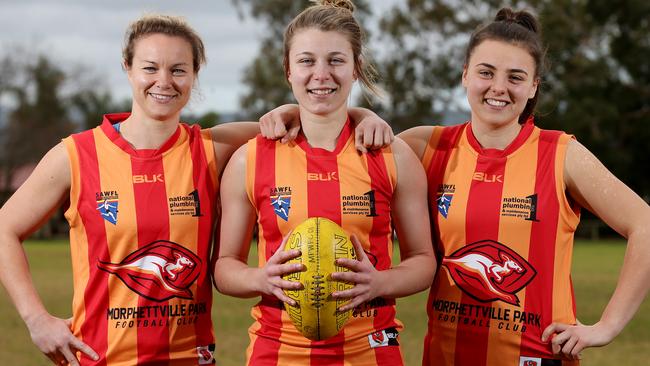 Morphettville Park players Courtney Cramey, Kellie Gibson and Ebony Marinoff have been selected in the Melbourne squad for a women’s AFL exhibition game. Picture: Calum Robertson