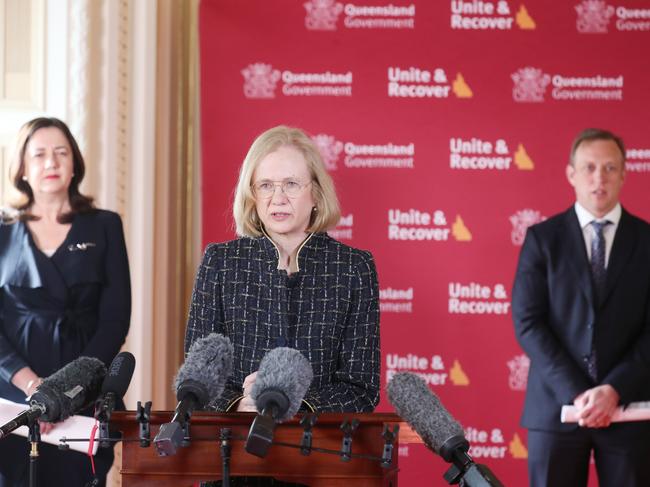 Jeannette Young ,Premier Annastacia Palaszczuk and Deputy Premier Steven Miles will hold a press conference in the Red Chamber . Pic Annette Dew