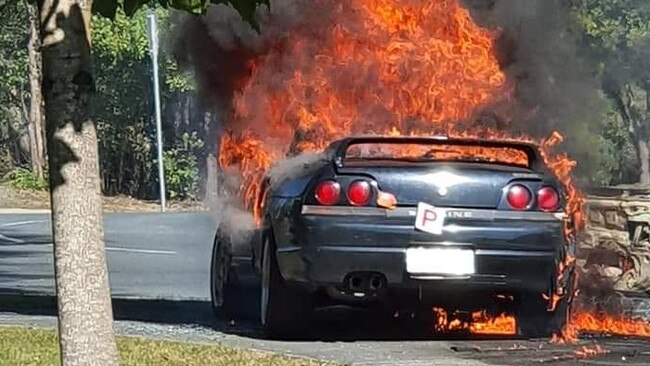 The Nissan Skyline caught fire after the crash.