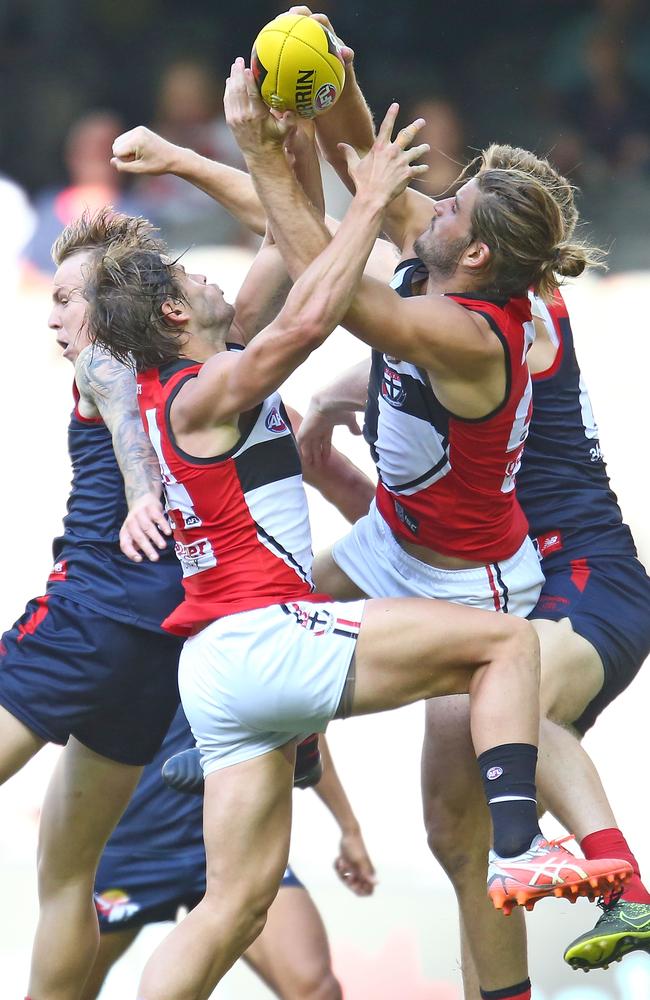 Saints forward Josh Bruce flies for a mark. Picture: Getty
