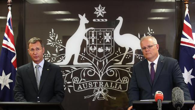 Professor Michael Kidd speaks with Prime Minister Scott Morrison at a press conference earlier in January. Picture: NCA NewsWire / Jono Searle