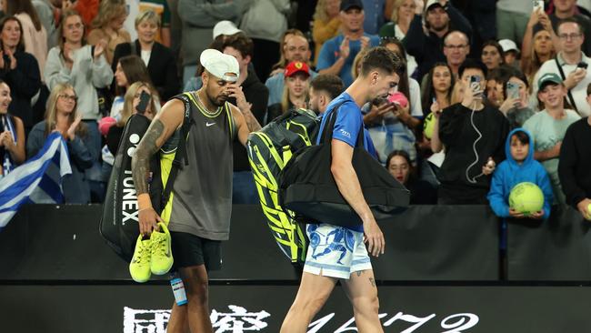 Kyrgios and Kokkinakis couldn’t get on going with their injuries. (Photo by Cameron Spencer/Getty Images)