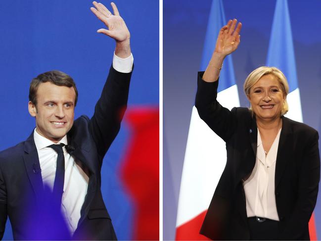 In this photo combination, French centrist presidential candidate Emmanuel Macron waves before he addresses his supporters at his election day headquarters in Paris, Sunday April 23, 2017, left, and far-right candidate for the presidential election Marine Le Pen waves at supporters after she delivers a speech during a meeting in Bordeaux, southwestern France, Sunday, April 2, 2017, right. (AP Photo/ Christophe Ena/ Bob Edme)